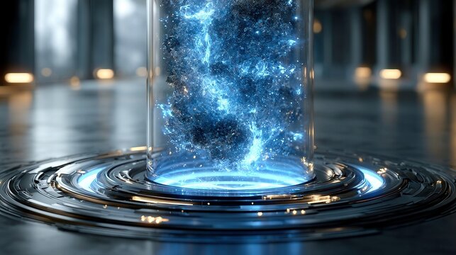 Glowing Rare Earth Particles in a Futuristic Energy Reactor, vibrant blue neon illumination, advanced energy technology, sci-fi materials, dynamic energy core concept