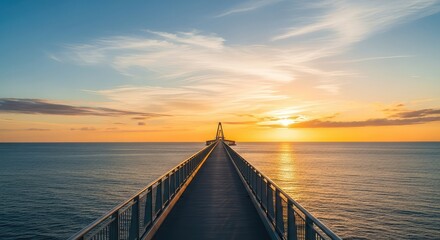 Fototapeta premium A long architectural bridge spans across the deep blue ocean water, leading toward the horizon under a clear sky during a golden sunset, crossing, clouds, sunset