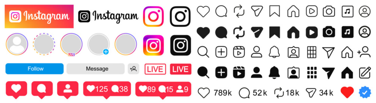 Instagram new icons set, live video streaming frame. Like, love, heart, home, repost, comment, follow, share, save, stories user button signs, set social media notification functional icons update