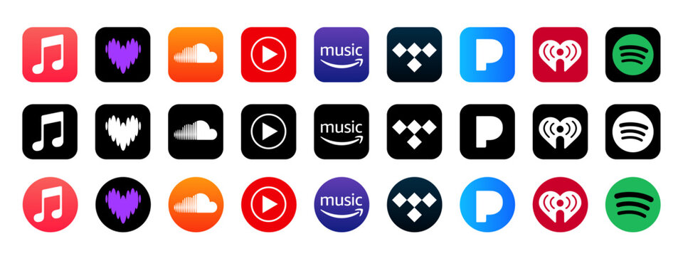 Spotify, Apple music, Youtube music, Soundcloud, Deezer, Tidal, Iheart, Pandora, iTunes logo buttons. Popular music streaming service logo set