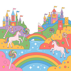 Naklejka premium White Unicorns Running on Rainbow Bridge between Colorful Castles