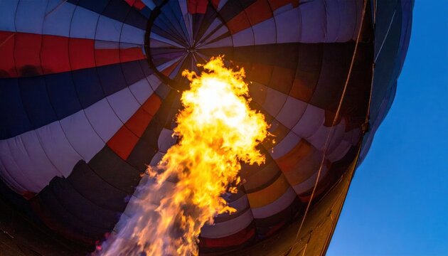Close-up of a hot air balloon burner igniting a powerful flame against a blue sky.