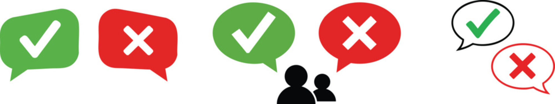 Check mark and cross icons on transparent background, symbols of yes no correct wrong.