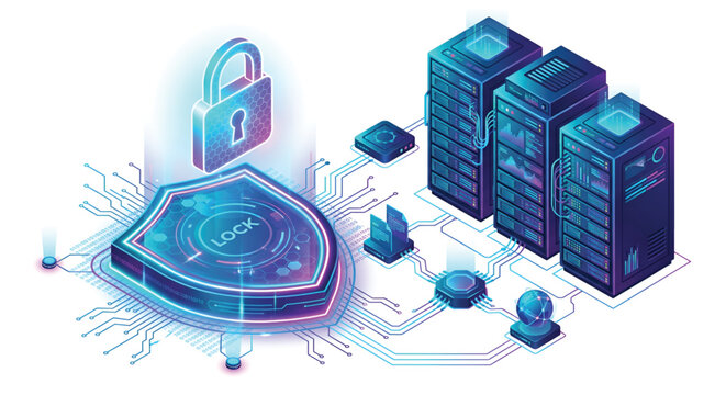 Modern isometric vector illustration of a cyber security concept. Features futuristic network server racks, a glowing data protection shield with a hologram lock icon, and digital circuit connections.