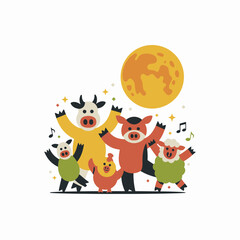 Naklejka premium Cows Dancing Under Full Moon with Music Notes