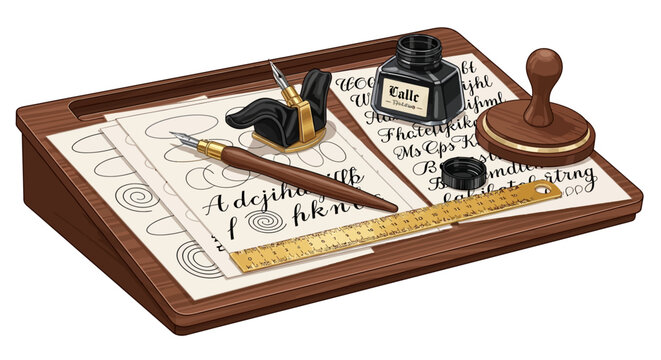 Elegant calligraphy set with quill, ink, and wax seal on wooden desk