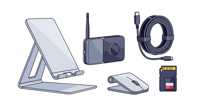Modern gadgets collection: wireless charger, sd card, cables, and mouse