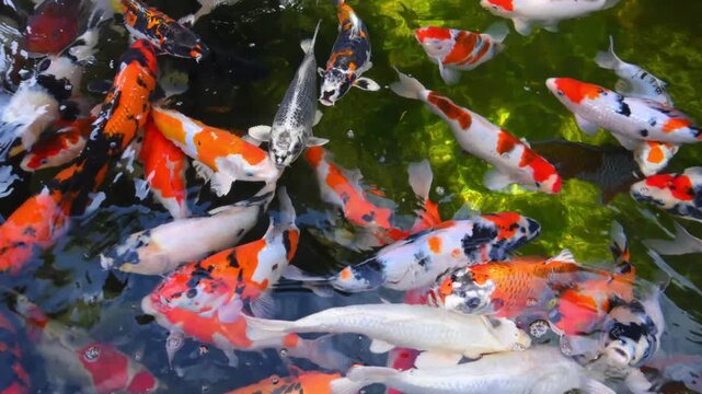 A collection of ornamental koi fish, specifically nishikigoi (brocaded carp), often raised in Japanese garden ponds.