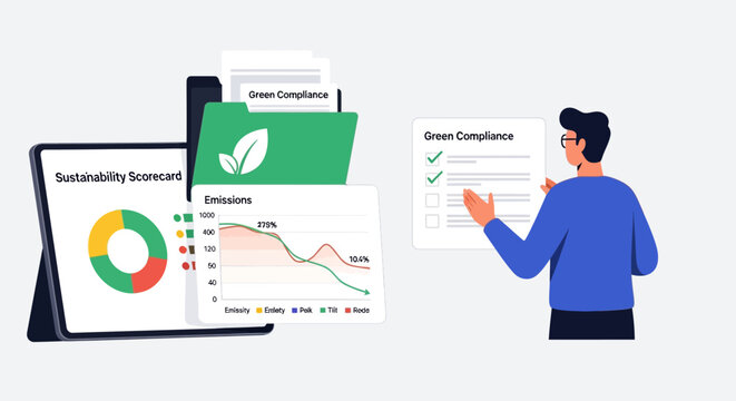Businessman analyzing sustainability scorecard and emissions data in office setting