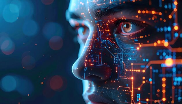 Close-up of a human face overlaid with digital circuits and glowing lights, representing artificial intelligence and technology.