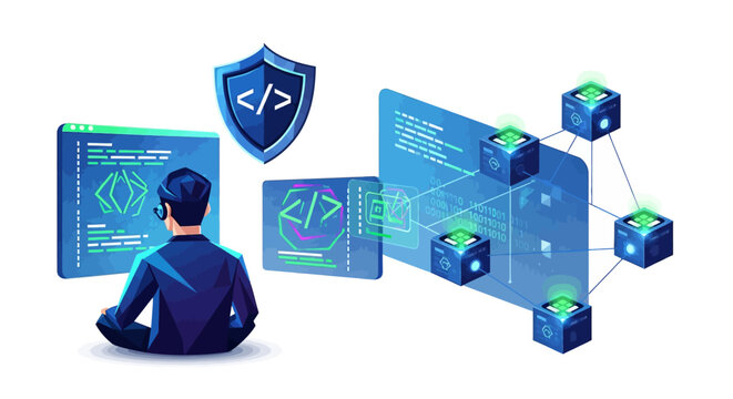 Futuristic digital programming and blockchain concept in isometric style