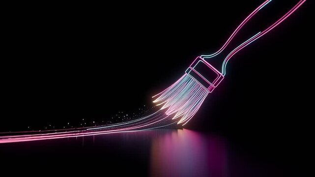 digital neon glowing paintbrush with colorful light trails on black background