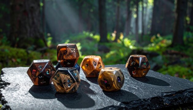 Assortment of custom made polyhedral dice crafted from exotic woods and embedded with small mEIEe, resting on a dark textured surface in a sunlit forest.