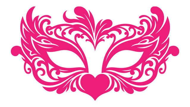 Pink masquerade mask vector with ornate filigree swirls and heart detail for carnival party and masquerade ball celebration