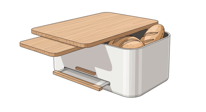 Modern kitchen bread box with baguettes and wooden sliding lid