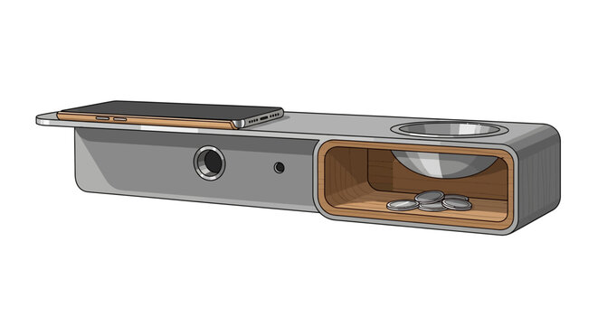 Modern wooden desk organizer with phone slot, coin tray, and pen holder