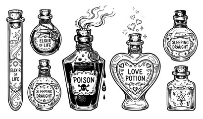 Poison and Love Potion Bottles Hand Drawn Sketch Vector Illustration Set © Md
