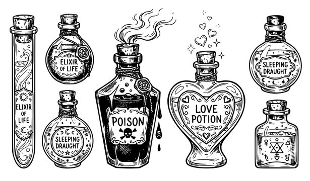 Poison and Love Potion Bottles Hand Drawn Sketch Vector Illustration Set