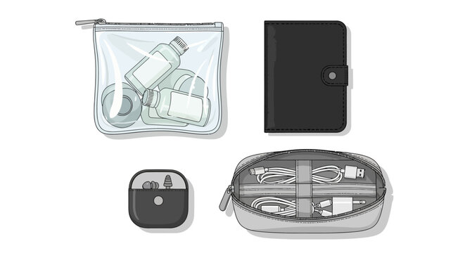Organized travel: clear toiletry bag, compact wallet, and tech organizer flat lay