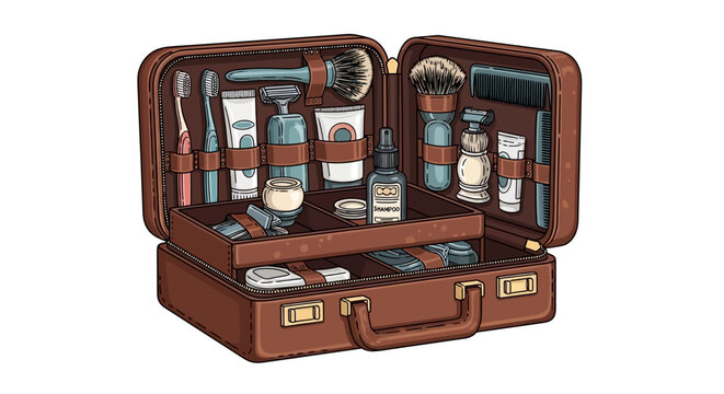 Vintage grooming kit in open leather case filled with toiletries and accessories