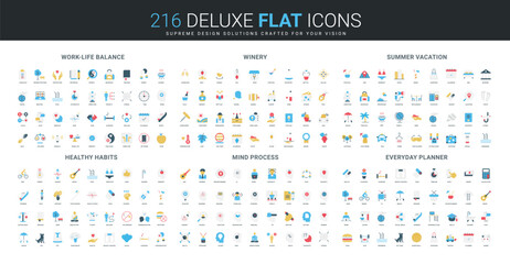 Comprehensive flat icon collection covering work-life balance, winery, summer vacation, healthy habits, mind process, and everyday planner themes isolated vector illustration © Iconic Prototype