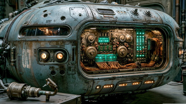 Detailed eye-level photograph of a blue, weathered industrial engine compartment panel, showing complex green LED circuit grids, terminal blocks, and copper wiring bundles.