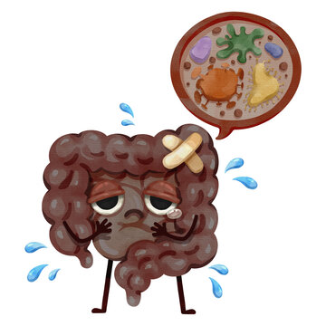 Watercolor intestine character feeling unwell with a magnifying bubble showing bad bacteria. Great for educational content regarding gut dysbiosis, indigestion, and probiotic deficiency.