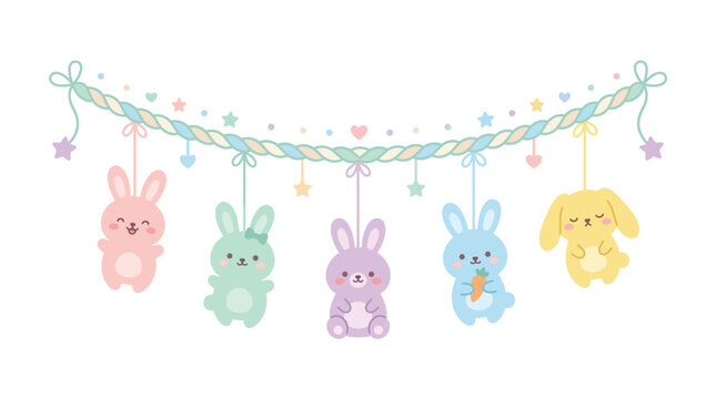 Cute pastel bunny garland with hanging rabbits, stars, and hearts
