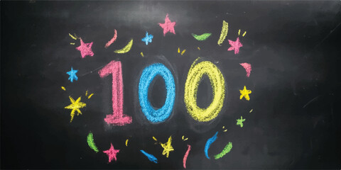 Colorful chalk drawing of the number 100 with stars and confetti on a blackboard chalk art education background score background win © Manjur