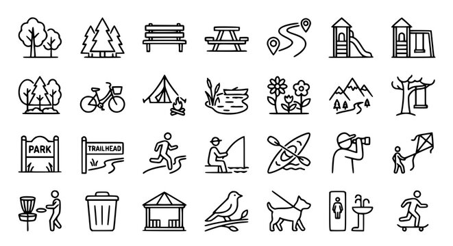 Outdoor and park outline icon collection with recreation vector illustrations