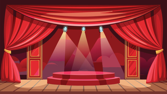 Empty stage with red velvet curtains and wooden floor illuminated by three ceiling spotlights shining down on circular podium for theatrical performance or musical concert event in grand indoor hall.