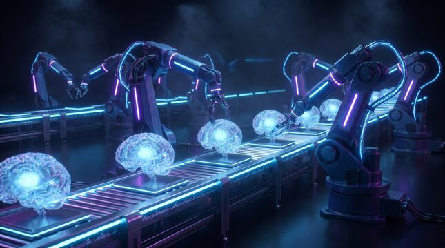 Industrial robotic arms work together on a high tech assembly line to manufacture glowing holographic human brains for future artificial intelligence development in this digital photo