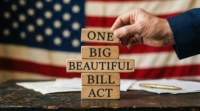 Hand building one big beautiful bill act with wooden blocks, us legislative concept