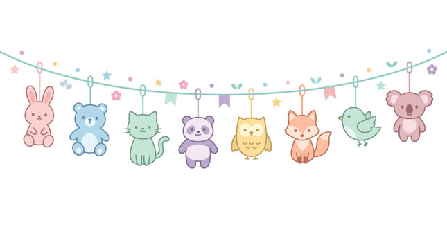 Cute baby animals hanging on a string garland