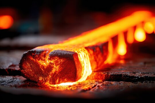 Red-hot steel billet in forge on anvil close-up