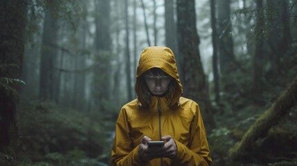 Obraz premium Person in yellow raincoat checking phone while standing alone in misty forest