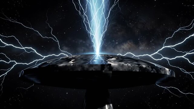 Massive blue lightning strikes planet from space, sci-fi energy beam