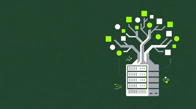 Flat vector illustration of a server rack growing into a digital tree representing green computing and sustainable technology with copy space