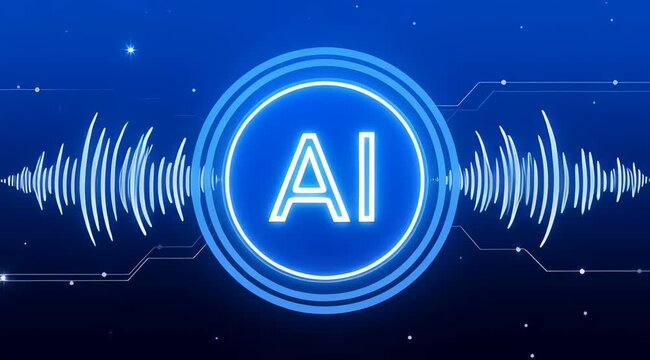 Futuristic AI technology concept with sound waves and digital circuits.