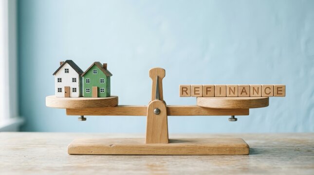 Miniature houses on a wooden balance scale with the word refinance on wooden blocks