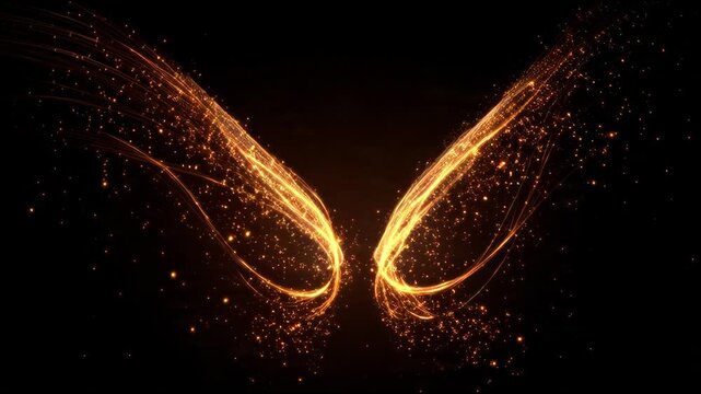 Abstract Fiery Wings of Light and Particles on Black Background.