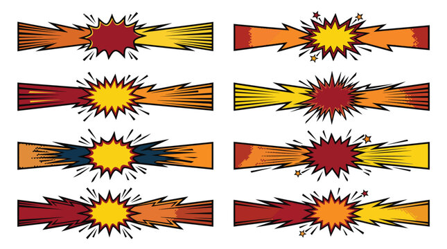 Set of comic book explosion speech bubbles with speed lines and star elements