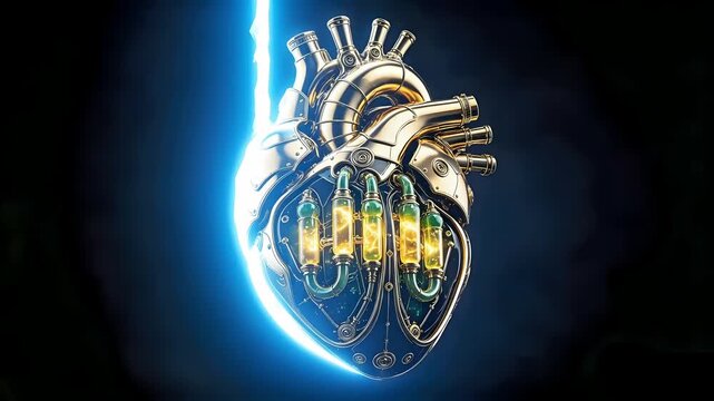Abyssal Golden Computing Core: Luxury 3D Mechanical Heart with Precision Glacial Blue Scan on Absolute Black Background with Copy Space