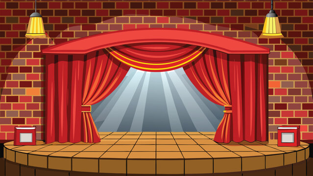 Cartoon stage with red curtains and spotlights, illuminated brick wall background, classic theatre scene, performance platform, show or entertainment concept, vector illustration.