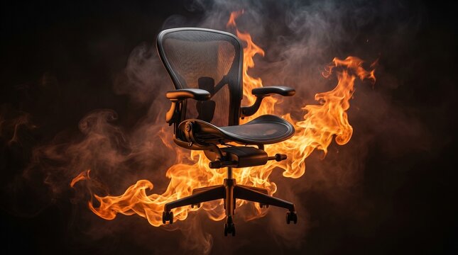 Modern ergonomic office chair engulfed in intense orange flames captured in this dramatic studio photograph that showcases a powerful conceptual metaphor for high workplace job stress