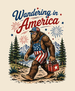 A patriotic bigfoot cryptid character wearing American flag themed  patriotic t-shirt design vintage retro usa  patriotic t-shirt design