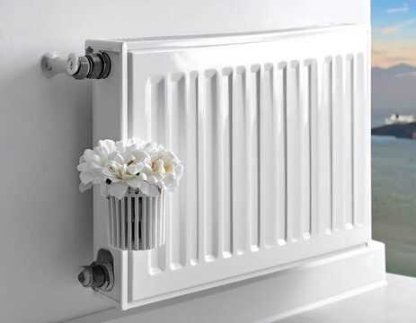White radiator with flower arrangement against wall with sunlight view