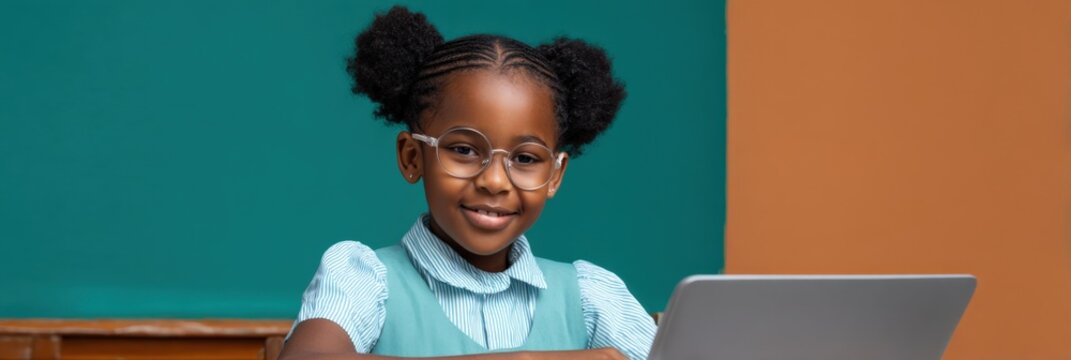 Smiling african female child wearing glasses at laptop in classroom with teal and orange background learning and studying