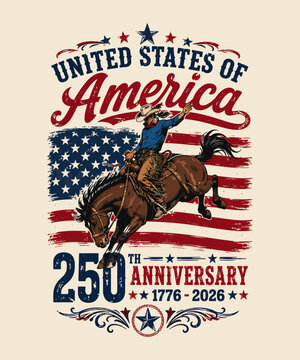 Dynamic patriotic illustration featuring a spirited cowboy riding a bucking bronco   patriotic t-shirt design vintage retro usa  patriotic t-shirt design