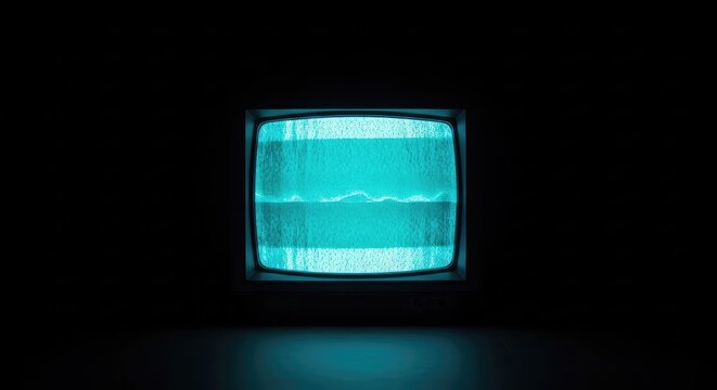 A vintage cathode ray tube television in a pitch black room glows with intense turquoise static and flickering teal interference patterns, teal, distortion, monitor